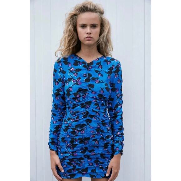 Zara NWT Draped Print Dress Mid-Blue - Picture 1 of 10